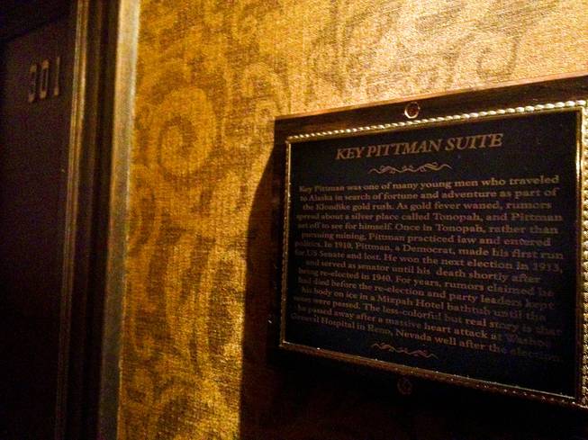 The Key Pittman Suite at the Mizpah Hotel is not located on the top floor, which is where hotel staff say the senator's  ghost roams. Though evidence points to Pittman dying in Reno, the story throughout the years has been that the senator haunts the Mizpah because he died there in 1940.