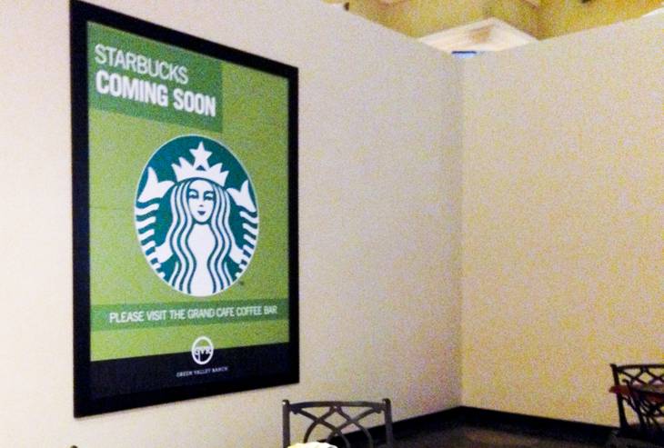 A construction wall stands announcing the future site of a Starbucks at Green Valley Ranch Casino, Friday, Sept. 20, 2013.