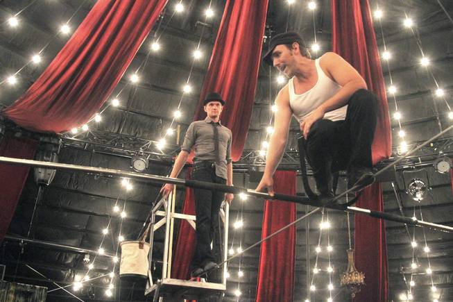 Anthony "Tony Tightropes" Hernandez, right, works with Neil Patrick Harris during Harris' visit to "Absinthe" in July.