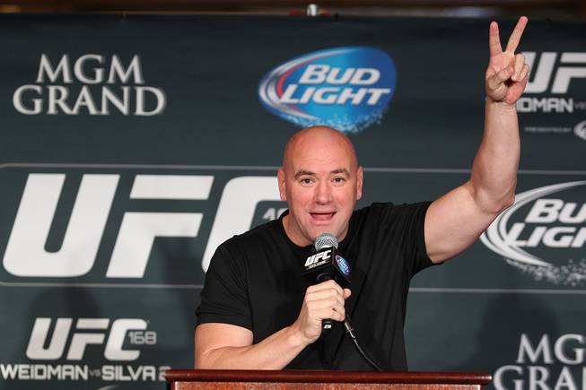Dana White talks during a news conference to promote UFC 168 Tuesday, Sept. 24, 2013.