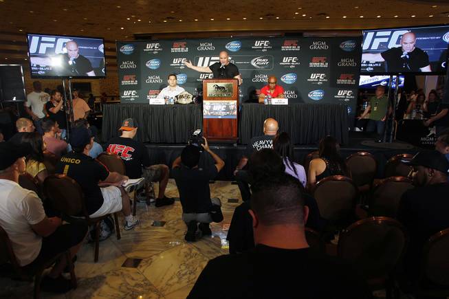 Dana White talks during a news conference to promote UFC 168 Tuesday, Sept. 24, 2013.