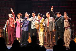 The cast of Million Dollar Quartet and guest Frankie Moreno thank the audience after their show at Harrah's Tuesday, Oct. 1, 2013.