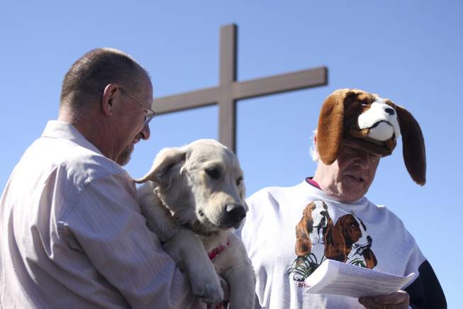 Pastor David Poling-Goldenne, left, has Sara, his golden retriever, blessed by Pastor David Miller during a pet blessing ceremony to celebrate the Feast of St. Francis of Assisi, the Catholic patron saint of animals, at New Song Church in Henderson on Saturday, Oct. 5, 2013. In the U.S., St. Francis of Assisi's feast day is celebrated on Oct. 4.