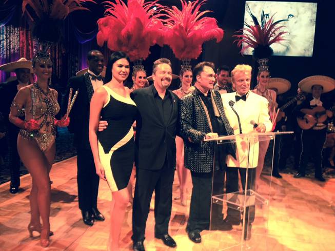 The 69th birthday celebration for Roy Horn on Thursday, Oct. 3, 2013, at the Mirage. Taylor Makakoa, Terry Fator, Horn and Siegfried Fischbacher are pictured here.