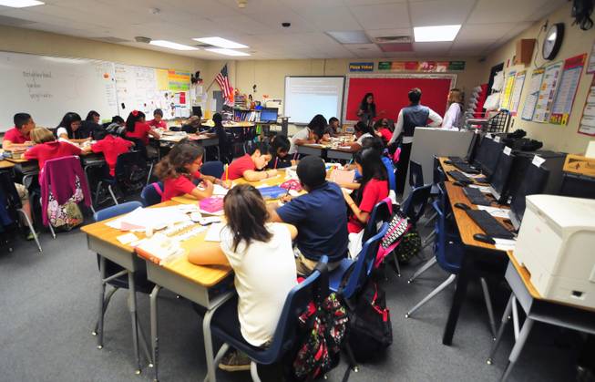 Ronzone Elementary School teacher Billie Ann Watanabe teaches a lesson in a portable classroom, one of 20 on the central Las Vegas Valley campus. Across the Clark County School District, there are more than 1,200 portable classrooms serving about a fifth of all elementary school children.