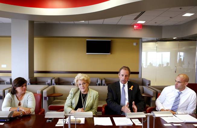 Las Vegas City Manager Betsy Fretwell, from left, Las Vegas Mayor Carolyn Goodman, left, North Las Vegas Mayor John Lee and Interim North Las Vegas City Manager/Fire Chief Jeffrey Buchanan gather for an editorial board meeting at the Las Vegas Sun in Henderson on Thursday, October 10, 2013.
