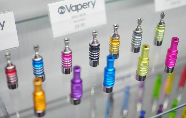 An e-cigarette "mod" pipe tip is shown on Friday, Oct. 11, 2013, at The Vapery, a local vapor shop located at 8060 S. Rainbow Road. The rise in e-cigarette use among young adults and teenagers is a growing concern among health officials, who have long waged a public health campaign against smoking.