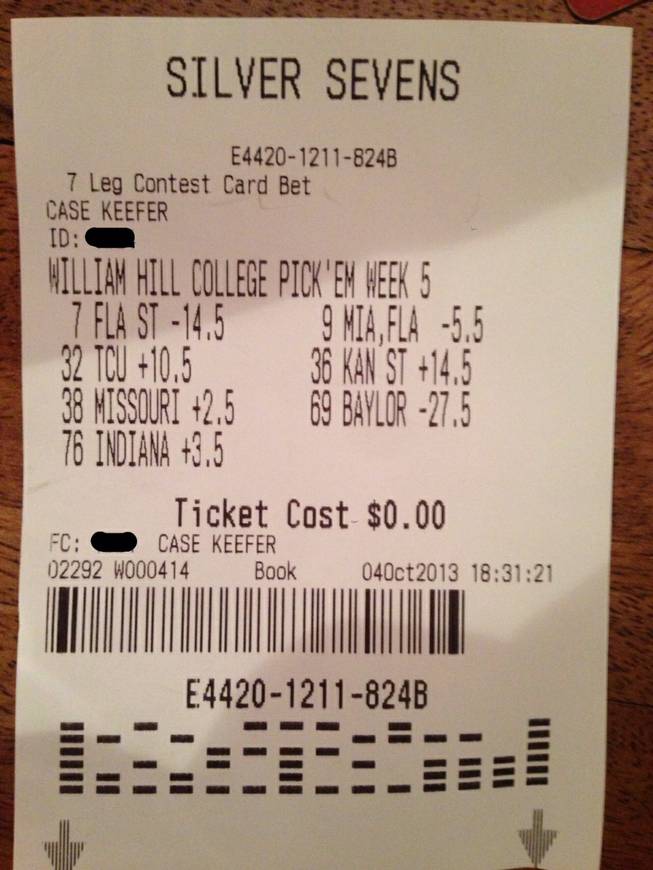 The winning ticket from William Hill's college pick'em contest.