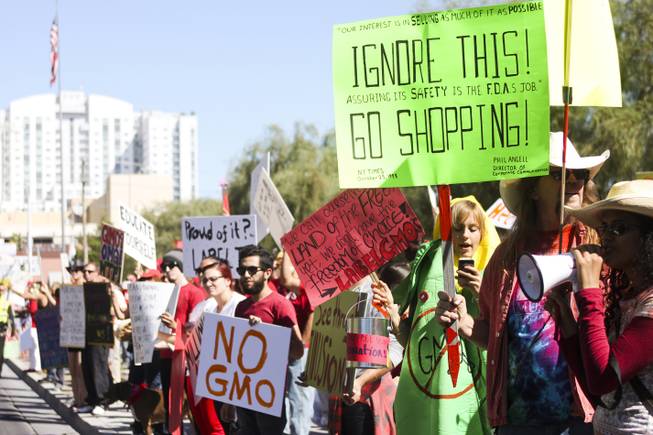 Protesters rally outside the U.S. district courthouse during the "March Against Monsanto" protest opposing genetically modified food in downtown Las Vegas, Saturday, Oct. 12, 2013.
