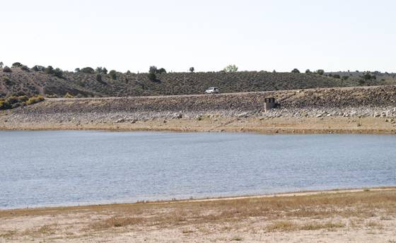 Like many Southern Nevada reservoirs, water levels are down and the lake is smaller behind the earthen Echo Canyon Dam, Saturday, Oct. 12, 2013.