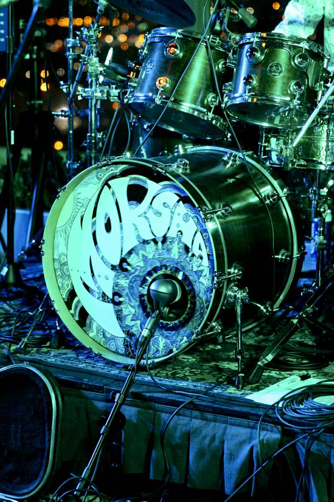 Moksha's drum set is seen during the "Rooftop Fall Ball 3" on the Binion's Gambling Hall & Hotel rooftop pool deck, Friday, Oct. 18, 2013.