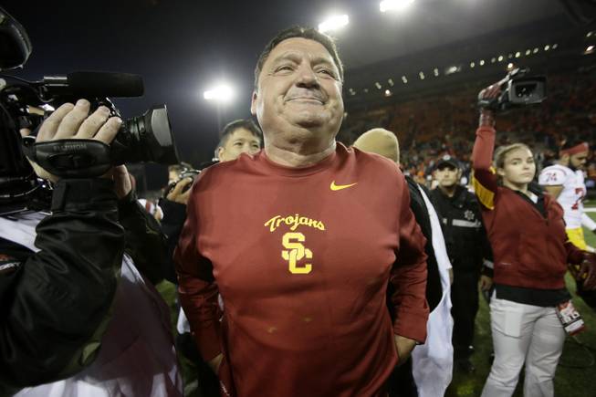 Southern California interim football coach Ed Orgeron is shown during an NCAA college football game against Oregon State in Corvallis, Ore., Friday, Nov. 1, 2013. 