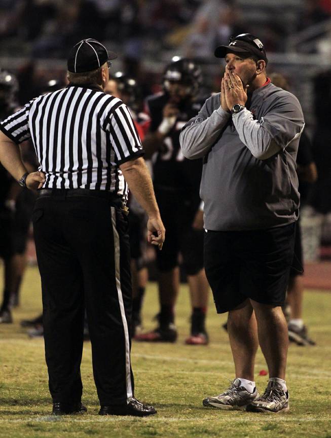 Las Vegas head coach James Thurman is stunned by a block punt returned for a touchdown by Canyon Springs and a penalty for his team on top of it. Canyon Springs defeated  Las Vegas High 21-14 on Friday, Nov. 1, 2013.