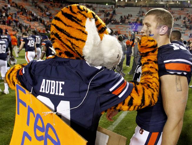 Aubie offers free face painting to Auburn defensive end Craig Sanders (13) after an NCAA college football game against Florida Atlantic on Saturday, Oct. 26, 2013, in Auburn, Ala. 