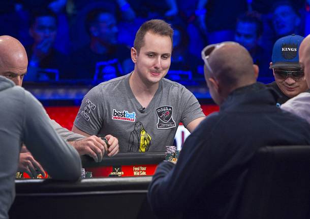Marc-Etienne McLaughlin, 25, a poker player from Brossard, Quebec, Canada, competes during the final table of the World Series of Poker $10,000 buy-in no-limit Texas Hold 'Em tournament at the Rio Monday, Nov. 4, 2013. The 2013 