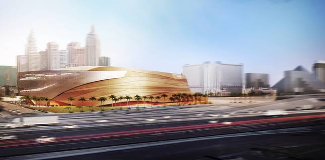 A rendering released by AEG and MGM Resorts International shows the west side of the companies' arena, which reflects the surrounding mountains.