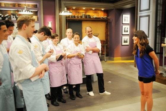 Lea Michele guest stars on Bravo's "Top Chef Masters" on Wednesday, Oct. 30, 2013. Las Vegas chef Shirley Chung is second from right.