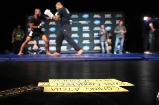Blocking tape for David Copperfield's show later is seen during the publicity workout for UFC 167 Wednesday, Nov. 13, 2013 at the MGM Grand.