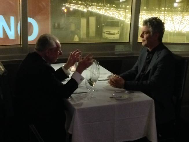Oscar Goodman and Anthony Bourdain chat it up at Oscar's at the Plaza.