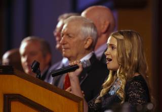 Las Vegas Academy student Hailey Atwell sings the National Anthem during the Mayors Prayer Breakfast 2013 at the Texas Station Gambling Hall & Hotel on Thursday, Nov. 21, 2013.  L.E. Baskow