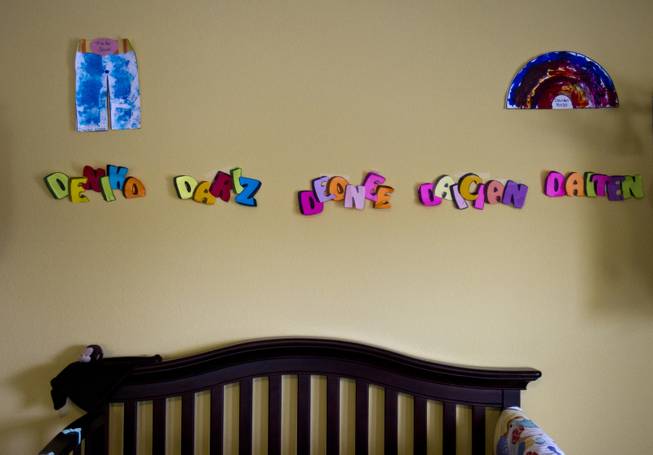 The names of the Derrico quintuplets are spelled out in their nursery in the family home on Monday, Nov. 22, 2013.