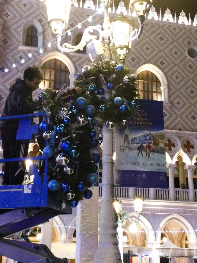 Ornaments are put up at the Venetian Macau.
