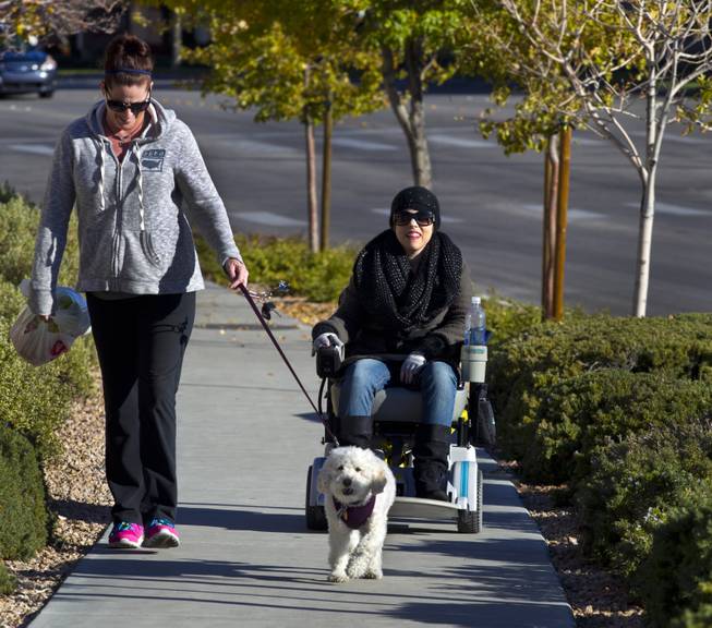 Jenny Stiles, in the motorized wheelchair, take a stroll around the neighborhood with her mother Karen and their dog Sugar Thursday, Nov. 28, 2013.  Due to depleted energy levels from her triweekly dialysis sessions Jenny is unable to walk for long periods of time.