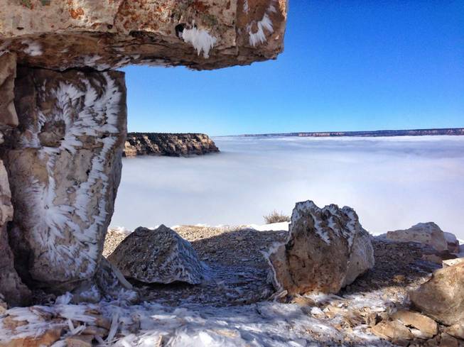 The Grand Canyon experienced a rare second inversion December 1st, 2013,  as well as a freezing fog which is reflected in patterns on this Kaibab Limestone. NPS photo by Erin Whittaker