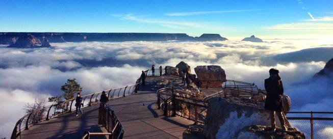 A photo of Mather Point from the recent inversion event at the Grand Canyon, where warm air traps cooler, moist air in the canyon. National Park Service photo by Erin Whittaker