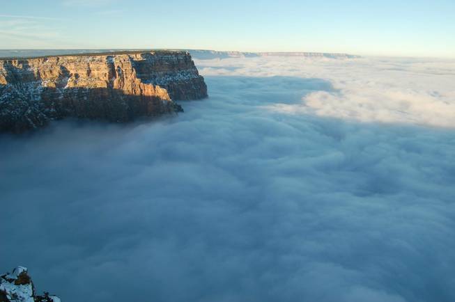 A photo from the recent inversion event at the Grand Canyon, where warm air traps cooler, moist air in the canyon. Photo courtesy of the National Park Service