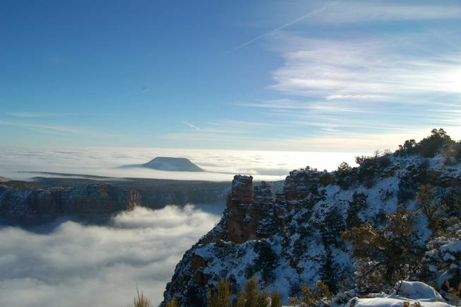 A photo from the recent inversion event at the Grand Canyon, where warm air traps cooler, moist air in the canyon. National Park Service photo by Erin Whittaker