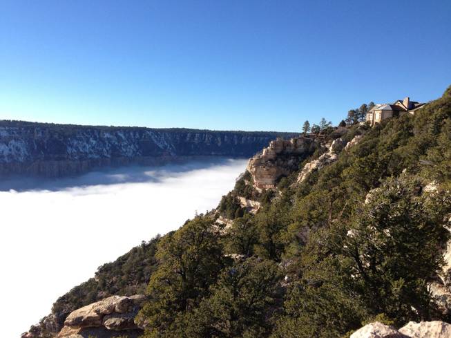 A photo of the North Rim's Grand Canyon Lodge taken during the recent inversion event at the Grand Canyon, where warm air traps cooler, moist air in the canyon. Photo courtesy of the National Park Service