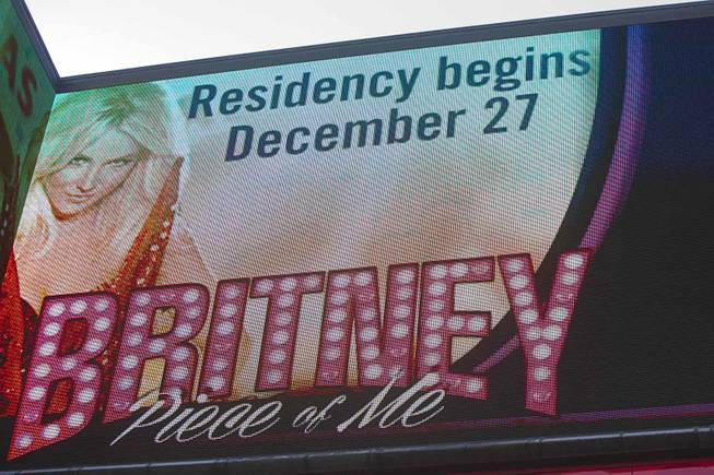 A video screen advertises Britney Spears' new show at Planet Hollywood on Tuesday, Dec. 3, 2013. Spears is making preparations for the debut of her two-year residency, “Britney: Piece of Me,” that is scheduled to begin at Planet Hollywood on Dec. 27. 