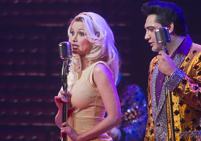 Holly Madison performs with Justin Shandor during a guest performance in "The Million Dollar Quartet" at Harrah's Wednesday, Dec. 4, 2013.  Shandor performs as Elvis Presley in the show.