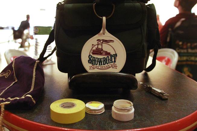 An equipment bag featuring a tag from a long-ago tournament at the Showboat is seen during the American Wheelchair Bowling Association Las Vegas Invitational tournament's doubles event Thursday, Dec. 5, 2013 at Texas Station.