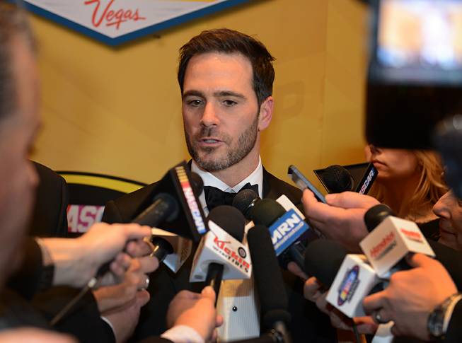 Six-time NASCAR champion Jimmie Johnson is interviewed after the 2013 NASCAR Sprint Cup Series Champion’s Awards at Wynn Las Vegas on Friday, Dec. 6, 2013.

