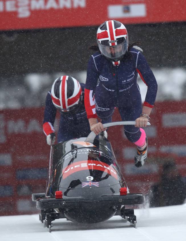 Great Britain's Paula Walker, right, and Rebekah Wilson compete at the women's bobsledding World Cup event Saturday, Dec. 7, 2013, in Park City, Utah. 
