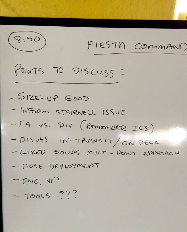 A list of discussion points is displayed during the North Las Vegas Fire Department training exercise in the Fiesta Casino parking garage Monday morning, Dec. 9, 2013