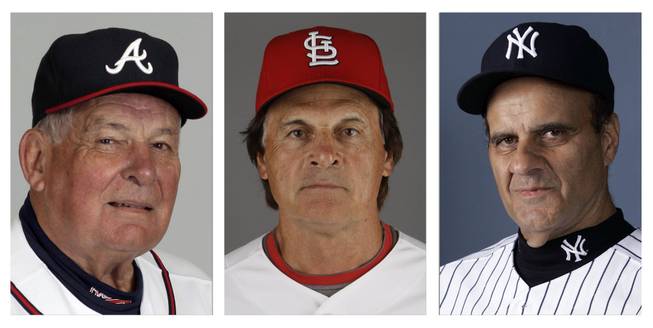 From left are Atlanta Braves manager Bobby Cox in 2010, St. Louis Cardinals manager Tony La Russa in 2011 and New York Yankees manager Joe Torre in 2007.