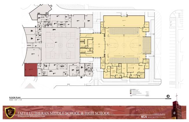 The new Faith Lutheran High School gym plan. The yellow area signifies the gymnasium expansion, the grey area signifies existing areas and the red area signifies the wrestling room expansion.