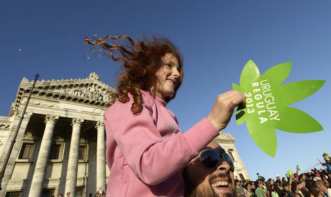 Activists gather in support of the legalization of marijuana outside the Congress building, as senators vote on a law to legalize the drug, in Montevideo, Uruguay, Tuesday, Dec. 10, 2013.