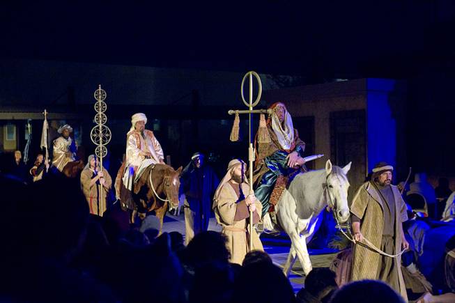 The three wise men, Reggie Traylor, left, Terry Camit, center, and Paul Haire, arrive in Bethlehem during the Nativity, a live nativity performance, at Opportunity Village Englestad Campus, 6050 S. Buffalo Drive, Wednesday, Dec. 11, 2013. The free performances are at 6 p.m. and 7 p.m. on Thursday with the 7 p.m. show in Spanish. On Friday and Saturday there is an additional performance at 8 p.m. The production is put on by the Red Rock Stake of the Church of Latter-day Saints.