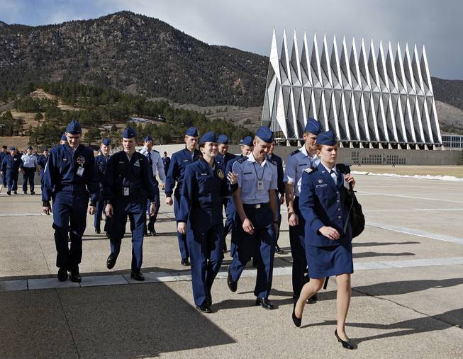 Cadets walk to lunch on campus at the Air Force Academy near Colorado Springs, Colo., on Friday, Jan. 20, 2012. 
