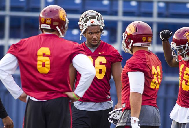 USC tight end and Bishop Gorman graduate Xavier Grimble, center, practices with the team at Bishop Gorman Thursday, Dec. 19, 2013. USC plays Fresno State in Saturday's Las Vegas Bowl.