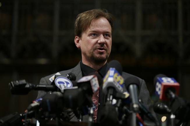 Former United Methodist pastor Frank Schaefer speaks during a news conference, Thursday, Dec. 19, 2013, at First United Methodist Church of Germantown in Philadelphia. United Methodist church officials have defrocked Schaefer, who officiated his son's gay wedding in Massachusetts.