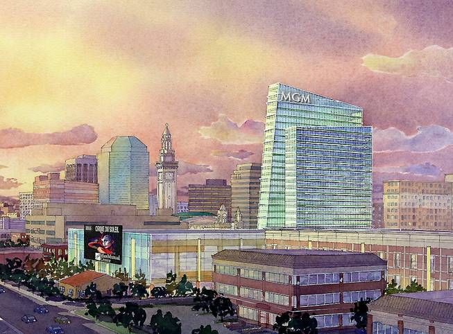 This Wednesday, Aug. 22, 2012, file photo of an artist rendering provided by MGM Resorts International via The Republican shows part of a proposed casino complex in Springfield, Mass.
