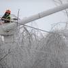 Andrew Powers, an arborist with Asplundh Tree Experts, clears iced branches from power lines along Mayflower Heights Drive in Waterville, Maine, on Monday, Dec. 23, 2013. Central Maine Power said nearly 57,000 were without power Monday afternoon, up from 29,000 it had been reporting earlier. Hardest hit was Kennebec County with about 20,000 and Waldo County at nearly 15,000 customers without power.  (AP Photo/Morning Sentinel, Michael G. Seamans)