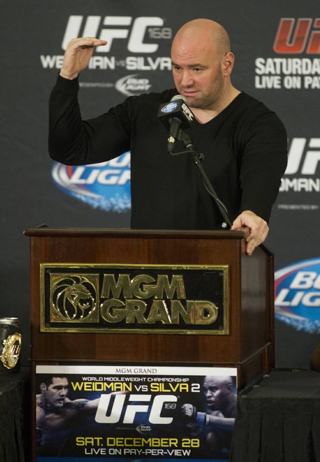 UFC president Dana White answers a question during a press conference for the upcoming UFC168 at the MGM Grand Hotel & Casino with commentary from the top fighters on the card Thursday, Dec. 26, 2013.