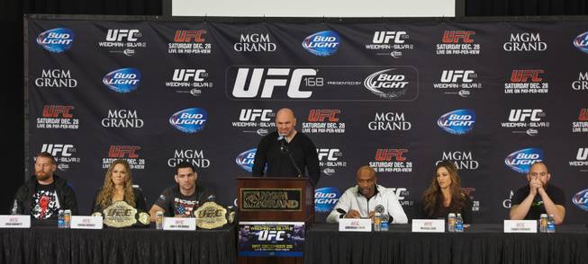 UFC president Dana White leads a press conference for the upcoming UFC168 at the MGM Grand Hotel & Casino with commentary from the top fighters on the card Thursday, Dec. 26, 2013.