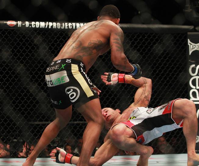 Gleison Tibau falls to the mat after being knocked out by Michael Johnson in the second round of their fight at UFC 168 Saturday, Dec. 28, 2013 at the MGM Grand Garden Arena.